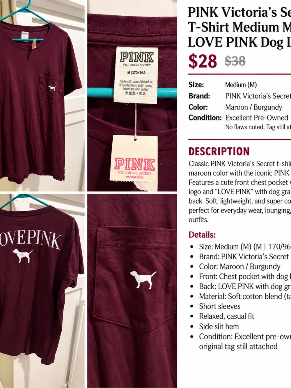 PINK Victoria’s Secret Maroon LOVE PINK Dog Pocket T-Shirt Medium